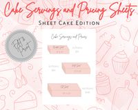 Comes in our signature blush color! Sheet Cake Edition!  Fast and easy way to show servings quantities and starting prices of your cakes. Super useful template for all cake designers! Use it to help yourself plan and price your cakes or to send to potential clients, so they can become familiar with what you offer. Prices and serving sizes are editable, via Canva. Super easy to use software. Once you are done editing, you can print at home or post to digital platform. Easy as that! This is a digital product. There will be no physical product mailed to you. This is an instant download file. REFUND POLICY As all of our items are 'instant download' we do not offer any refunds, exchanges or returns. Please send us any enquiries prior to purchasing and we will get back to you ASAP.