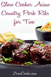 These Slow Cooker Asian Country Pork Ribs are tender and juicy, slow simmered in the crockpot and topped with a sticky honey, soy, garlic sauce. Sprinkle on sesame seeds and chopped green onion for garnish. This small batch recipe makes a great lunch, dinner, or impressive and romantic date night dinner for two. #crockpot #slowcooker #ribs #bbqribs #AsianCuisine #RecipesForTwo #DateNight