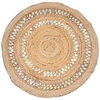 Details: 	 Dimensions: 48" x 48" 	 Color: Beige 	 Content: 100% Jute 	 Quantity: 1 Care: 	 Spot Clean Only Capture a natural or beachy vibe in your home when you lay out this free-spirited Round Woven Jute Rug! This rug is woven from natural jute fibers and features two round bands around the outer layer that you can see through. Use it as a base for your table, or lay it flat in the center of your space to really bring your room together!