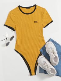 Yellow Sporty  Short Sleeve Cotton Letter Tee Embellished Slight Stretch Summer Women Jumpsuits & Bodysuits