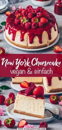 Dieser New York Cheesecake ist ein Veganer Käsekuchen, der besonders cremig, unglaublich lecker und mit selbstgemachter Himbeer-Erdbeer-Sauce getoppt ist! Das vegane Käsekuchen-Rezept ist einfach, milchfrei, eifrei und gelingt auch glutenfrei. Das perfekte Dessert zu jeder Zeit!