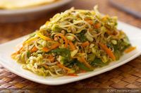 Bean sprouts are stir fried with bell peppers and carrots, seasoned with soy sauce, rice vinegar and a bit shaoxing wine. Serve it with steamed rice or wrap it into warm crepes or tortilla wraps.