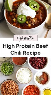 Make these high protein beef chili recipe for a healthy chili that’s perfect for a weeknight dinner. Featuring chili with ground beef, beans, lean ground beef, and corn, this high protein chili is a flavorful and filling protein dinner. It’s the best chili for a fast protein dinner that’s both satisfying and nutritious.