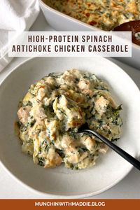 This High-Protein Spinach Artichoke Chicken Casserole elevates your favorite dip into a meal that’s as nourishing as it is delicious. With 47 grams of protein per serving, this dish is ideal for keeping you full and fueled. The secret is to add chicken breast and blended cottage cheese to boost the protein while keeping that same, indulgent spinach artichoke flavor and experience.