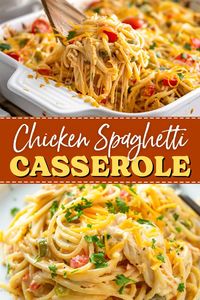 This hearty, cheesy chicken spaghetti casserole is pure comfort food. The tender chicken, creamy sauce, and gooey cheese make it a satisfying one-dish meal. 