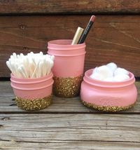 Glitter Mason Jar Bathroom Set- Perfect for Makeup Brushes, Toothbrush, Cotton Ball & Q Tip Holder, Gold or Silver Glitter, Sparkly Glam Set