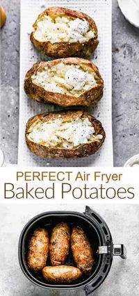 These Air Fryer Baked Potatoes get deliciously crispy skin on the outside with perfectly tender and soft insides. Season them and serve with as a main dish or side. via @betrfromscratch