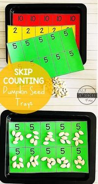 Pumpkin Seed Skip Counting - this fun, FREE printable skip counting activity is a fun way for kindergarten and first grade kids to practice counting by 2s, 5s, and 10s. Fall themed math center #mathcenter #skipcounting #countingby2s #countinbby5s #coundingby10s #kindergarten #math #firstgrade #pumpikinactivity