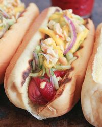 Thai Hot Dogs with Cucumber-Mango Slaw and Homemade Srirachup // Domesticate Me