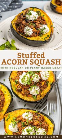 This Stuffed Acorn Squash recipe is a nutrient packed main dish, that is vegan adaptable, vegetarian adaptable, dairy-free adaptable and gluten-free. Tender roasted acorn squash halves are filled with seasoned ground meat (chicken, lean beef, lamb, turkey) or plant-based protein (impossible meat, beyond meat, meatless ground, quinoa or rice) then, topped with light and creamy whipped goat cheese (or plant-based yogurt or cashew cream). #lemonblossoms #holidays #plantbased #glutenfree