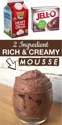 Just 2 ingredients to make this easy dessert! It’s like a mix between a rich fudge and a creamy mousse. Simply replace the milk in pudding with heavy whipping cream for the best dessert ever. Use any flavor of pudding including chocolate, vanilla, banana, lemon, caramel, etc.