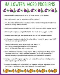 Printable Halloween Decimal Operations Word Problems