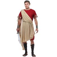 When in Rome, dress like a Roman with this plus-sized Roman Toga for men. This pullover tunic has printed graphics on the sleeves. The toga drapes over the tunic and has an attached cap taht drapes over the back. Also included as an elastic leaf design headband so you can fit in at the temple or the Colleseum.