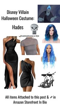 Items linked to this post / in amazon storefront in bio!  Halloween | Costume | Costume idea  | Madeline Johnson |  It girl costume | It girl | dinsey villain evil hades hercules blue hair black dress iconic non-basic unique