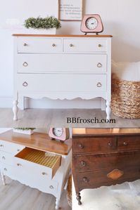 I’m a sucker for these cute little dressers. The before & after is amazing! And the lined drawers at the cutest finishing touch! #bbfrosch #diy #homedecor #chalkpaint