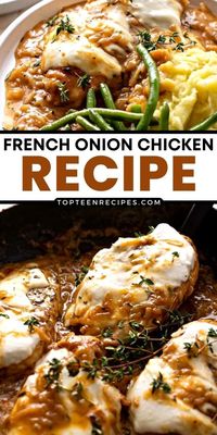 This cheesy french onion chicken with amazing flavor is a delicious combination of caramelized onion, tender chicken breasts, flavorful sauce, and melted mozzarella cheese.