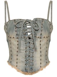 medium blue cotton blend washed denim corset style stud detailing frayed edge adjustable spaghetti straps sleeveless cropped rear zip fastening