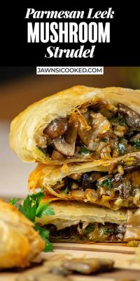 This easy, decadent and delicious Mushroom Strudel with Leeks and Parmesan Cheese comes together easily with a simple and flavorful mushroom filling, and frozen phyllo pastry!