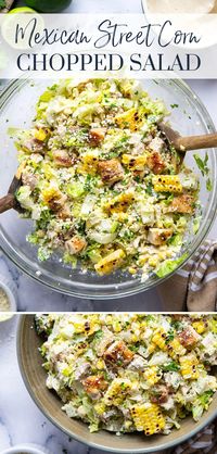 This Mexican street corn chopped salad features all the classic components from the traditional salad including charred sweet corn and a creamy fresh lime dressing as well as juicy grilled chicken and crisp lettuce.