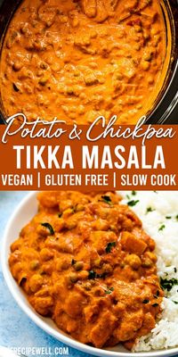 Potato and Chickpea Tikka Masala is a comforting vegan dish to enjoy as the weather gets cooler. Potato, chickpeas, green peas and bell peppers slow cook in a tomato-based sauce along with a warming spice blend. Blended cashews give the sauce a dreamy creamy texture. This vegan tikka masala is an easy, healthy meal that you'll want to make again and again.