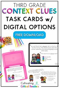 Looking for fun context clues activities for third grade? You and your students will love these free context clues task cards for third grade! Digital options include audio that provides oral admin to your students. Check out the free context clues task cards and all the options they include: Boom Cards, Google Slides, Seesaw, and Printable! This free set is school-themed and is perfect for back-to-school season or year-round!