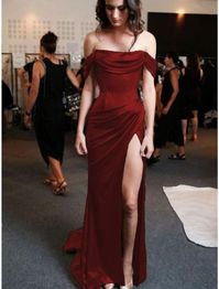 Sheath Column Prom Dresses Minimalist Dress Evening Party Sweep Brush Train Sleeveless Strapless Charmeuse with Pleats Ruched Slit