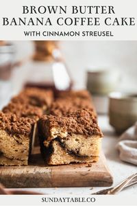 This brown butter banana coffee cake is one of my favorites for breakfast, brunch, or a snack! With brown butter, sour cream banana cake, a swirl of cinnamon-sugar, and cinnamon streusel, this recipe is easy, quick, and perfect with a cup of coffee. Make this for a bachelorette brunch, the holidays, or just a delicious, classic breakfast. You can even make muffins instead of cake! If you're looking for something tasty to make with over ripe bananas, this banana coffee cake is the absolute best!