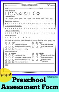 FREE printable preschool assessment sheet for teachers and parents to record children's progress