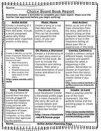 This choice board provides a variety of ways for students to show knowledge about a book they have read in a less traditional fashion. It includes activities involving multiple intelligence's as well as technology features. Students love these activities and it no longer is boring to complete a book report!