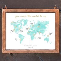 Show your guests they mean the world to you with our Personalized Wedding Guest Book Alternative in a Map design! This wedding guest book alternative has a watercolor look. For adventure themed weddings, destination celebrations, or couples who love to travel, this sign makes a great wedding decoration and is the perfect way to represent the new adventure you're embarking on together!