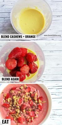 Strawberry smoothie bowl without banana that tastes like cheesecake and is healthy, vegan, paleo, gluten-free! It's great as a dessert, whenever you crave something sweet and refreshing - make this! It's super easy and you need only 5 ingredients - cashews, orange, strawberries, walnuts and flaxseed!