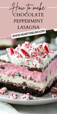 This no-bake Chocolate Peppermint Lasagna is the perfect layered Christmas dessert! Oreo crust, peppermint cheesecake, and chocolate pudding layers