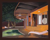 POOLSIDE AT NIGHT House and patio lit up at night. Mid century modern living. This is a limited edition (200 prints) print by Linda Tillman. It is a print of an original gouache painting. Prints are all printed on archival matte paper. They are printed with a Canon iX6500 printer. Each print has a colored border as on the original painting. The edges of the composition fade softly into white as they do on the original painting. The print will fit a standard pre-cut matte for easy framing. The si