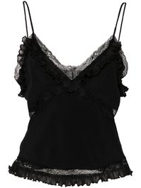 black lightweight construction crepe de chine lace panels ruffled detailing V-neck adjustable spaghetti straps ruffle hem