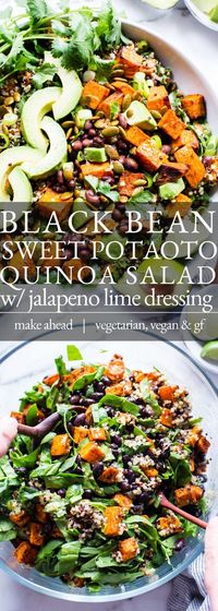 A make-ahead, ready when you are salad: Black Bean Sweet Potato Quinoa Salad. Layered with good things like smoky pepitas, spinach and avocado, this quinoa salad is dressed with a scrumptious roasted jalapeño lime dressing! It's a Southwestern style salad with all the Mexican flavors, yet not too spicy. This recipe is vegetarian, vegan and gluten free.