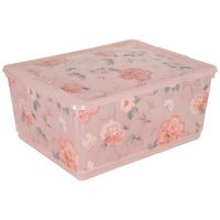 Dimensions:         Length: 14 1/2"       Width: 11 3/8"       Height: 6 3/4" Stay organized in lovely style! Pink Floral Container is a plastic, rectangular container with a snap-on lid. Decorated in a light pink, see-through color with floral design, this cute container is perfect for holding office or craft supplies. Don't be afraid to show off your storage!