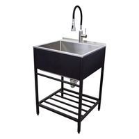 INCLUDES: Matte black wash stand with wrap-around apron (assembly required), stainless steel sink with center drain hole and strainer, flex neck faucet, and color-matched p-trap. MODERN CONVENIENCE: Wash stand is constructed of 18-gauge stainless steel with an apron on front and sides; features adjustable feet and pre-drilled holes for optional wall mount installation. EXTRA STORAGE: Wash stand features storage rack on the bottom and towel bar on the front to allow for open and convenient storag