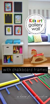 Kids art gallery wall with chalkboard frames - what a fun and practical way to display kids' art!| A house full of sunshine