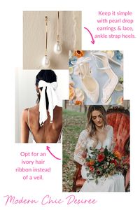 For a modern and chic wedding day look, keep the accessories simple. Opt for classic pearl drop earrings and ankle strap shoes. Keep the style fresh and unique by opting for a hair ribbon to complete the look, rather than a traditional veil.