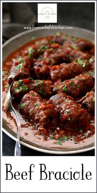 Beef Braciole (Braciola) is a company-worthy, classic, hearty, homestyle southern Italian dish that's perfect for a winter night or Sunday dinner.  Thin slices of beef with a savory filling slowly braise in a wine-infused sauce for a dish you'll fall in love with! #beef #beefbraciole #Italian #braciola #meat #meatrecipes #Italianrecipes