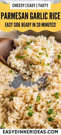 This cheesy Parmesan Garlic Rice is made with fluffy long grain rice, parmesan cheese, and freshly minced garlic! This simple rice side dish is made in one pot and goes with just about everything!