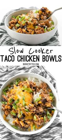 Slow Cooker Taco Chicken Bowls are the ultimate "set it and forget it" easy weeknight meal that the whole family will love. #slowcookerrecipes #crockpotrecipes #chicken #tacos #tacotuesday #crockpot #slowcooker #easyrecipe #dinnerrecipes #easydinner #chickenrecipes