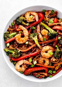 Shrimp Noodle Stir Fry with Peanut Stir Fry Sauce - Haute & Healthy Living