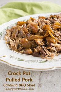 Slow Cooker Carolina Pulled Pork - Just 15 minutes of prep and let it cook all day! With sweet heat and a vinegar kick! #pulledpork #slowcooker #crockpot #crockpotpulledpork #slowcookerpulledpork #carolinabbq #glutenfree