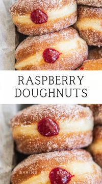 Treat yourself to the ultimate dessert with raspberry doughnuts, featuring a soft dough and sweet raspberry filling.