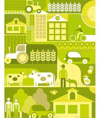 Vector illustration of village landscape. Organic farm. Vector file can be scaled to any size without loss of resolution and you