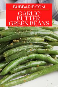 These Garlic Butter Green Beans are a super quick, easy and delicious side dish for any occasion! Using only a couple of ingredients and a couple minutes, these tender-crisp green beans are sauteed in butter and garlic for an easy side dish that is perfect for anything from the holidays to a weeknight family meal!