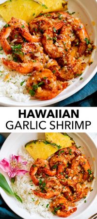 The BEST Garlic Shrimp ever! Hawaiian style recipe made with succulent shrimp cooked in an extra garlicky, deliciously rich, butter based sauce.