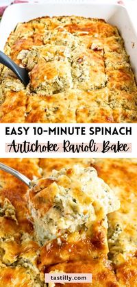 Welcome to easy dining! If you have 10 minutes to make dinner, this recipe is for you. Perfectly creamy and cheesy, Spinach Artichoke Ravioli Bake guarantees a freshly baked pasta dish with minimal effort.