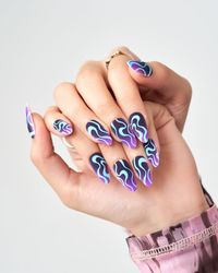 GLAMERMAID-Mani Press On Nails    -Length: medium    -Shape: almond    -Basic color: blue    -Design style: line    -Finish: matte    You get an added texture that really makes this manicure stand out from the crowd.